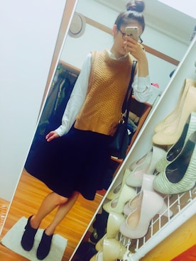 「ノースリーブニット」｜「アイテム（ブーティ）」を使った、りーまるさん（レディース・162cm）の秋コーディネート