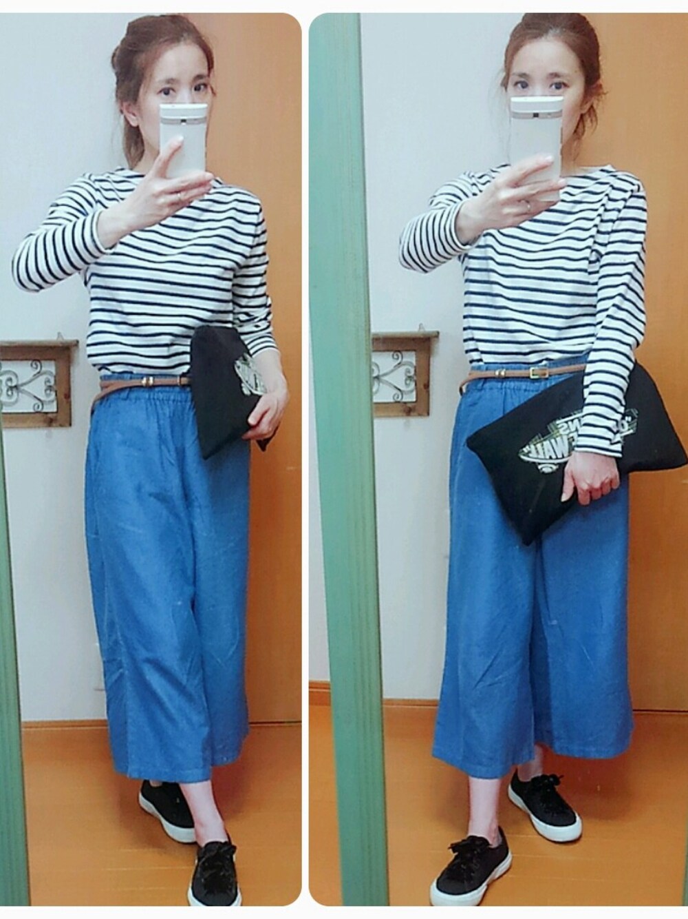 ブルー系のその他パンツ、ブラック系のクラッチバッグ、ブルー系のTシャツ/カットソーを着用したレディースの春コーディネートの1枚目の写真