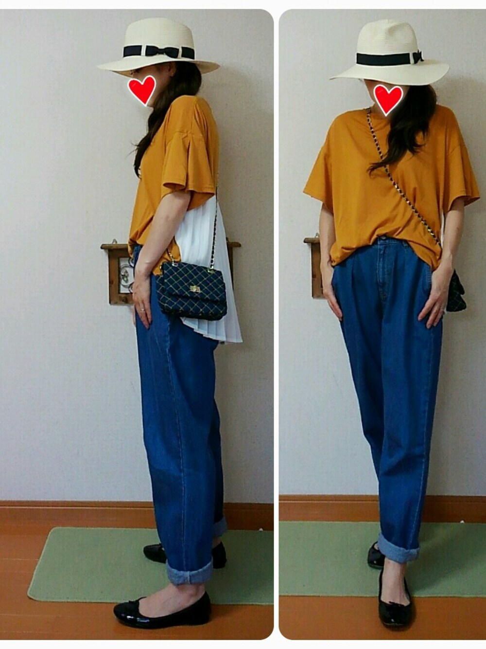 ブラック系のバレエシューズ、イエロー系のTシャツ/カットソー、ブルー系のショルダーバッグを着用したレディースの夏コーディネートの1枚目の写真