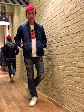 「リメイクデニム」｜「アイテム（ブルゾン）」を使った、AKIHIROさん（メンズ・176cm）の冬コーディネート