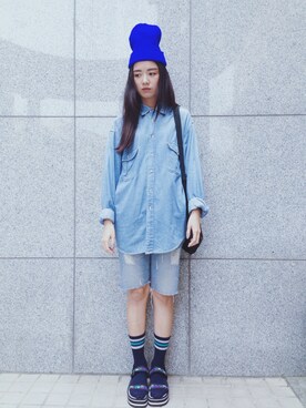 「丹寧」｜「アイテム（バッグ）」を使った、Chen-Xin Wangさん（レディース・163cm）の秋コーディネート