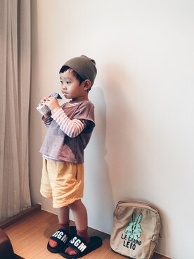 「アイテム（カーゴパンツ、イエロー系）」を使った、Dino Dさん（キッズ・74cm）の夏コーディネート