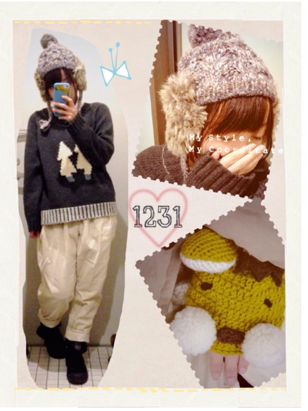 グレー系のニット/セーター、ホワイト系のその他パンツ、グレー系のニットキャップ/ビーニーを着用したレディースの冬コーディネートの1枚目の写真