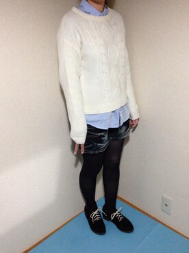 「GU（ジーユー）のアイテム（ニット/セーター、ホワイト系）」を使った、美姫丸さん（レディース・153cm）の秋コーディネート