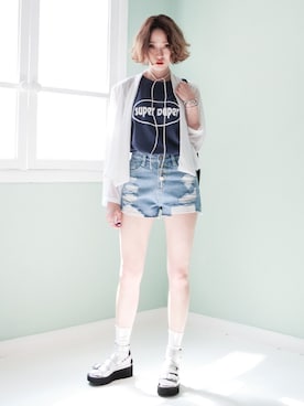 「 カジュアル」｜「アイテム（その他アウター）」を使った、bluepopsさん（レディース・170cm）の夏コーディネート
