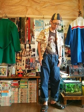 「HELLER'S CAFE（ヘラーズカフェ）のアイテム」を使った、いわんこさん（メンズ・168cm）の夏コーディネート