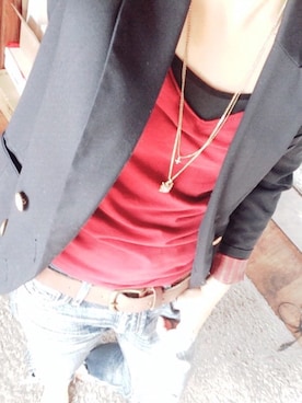 「ZARA（ザラ）のアイテム（Tシャツ/カットソー、レッド系）」を使った、はっち⋆*ೄさん（レディース・158cm）の秋コーディネート