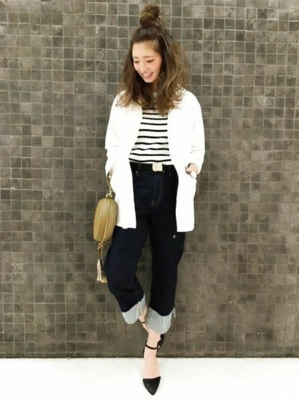 「JEANASISのJEANASIS×Schottカバーオール（カバーオール、ホワイト系）」を使った、JEANASIS 柏マルイ店STAFFさん（レディース・168cm）の冬コーディネートの1枚目の写真