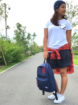 「LACOSTE」｜「アイテム（ニットキャップ/ビーニー）」を使った、MITSUWOさん（レディース・156cm）の夏コーディネート