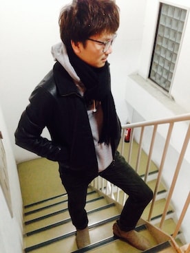 「アイテム（デニムパンツ、グリーン系）」を使った、H.Jさん（メンズ・173cm）の冬コーディネート