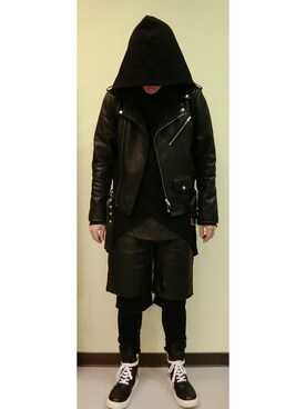 「rick owens（スニーカー、ブラック系）」を使った、負心漢さん（メンズ・178cm）の春コーディネート