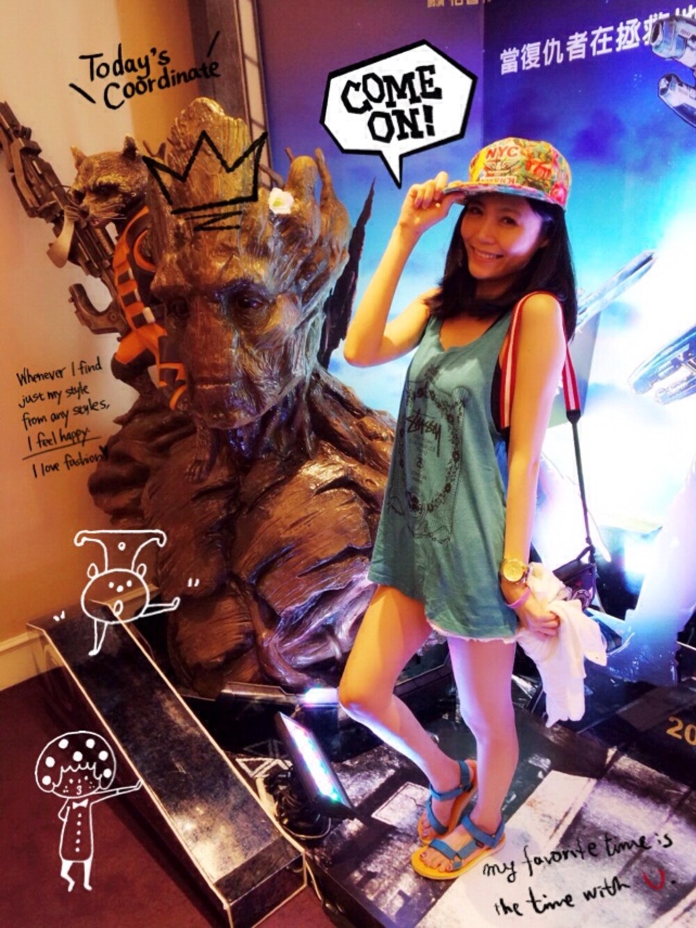 「JOYRICHのSunrise Blossom Nyc Joyrich Cap（キャップ、グリーン系）」を使った、盧小桃さん（レディース・165cm）の夏コーディネートの1枚目の写真
