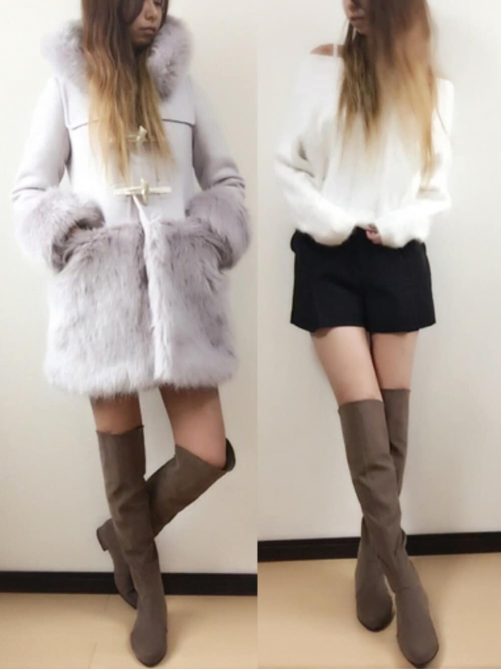 その他のトップス、その他のパンツ、グレー系のブーツを着用したレディースの冬コーディネートの1枚目の写真