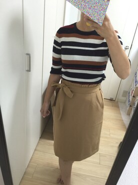「INGNI（イング）のマルチボーダーリブニット５分袖-2016ＡＷ-（ニット/セーター、ブラウン系）」を使った、@chocoさん（レディース・154cm）の秋コーディネート