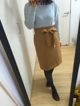 「MAJESTIC LEGON（マジェスティックレゴン）のリボン付Iラインスカート（スカート、イエロー系）」を使った、@chocoさん（レディース・154cm）の秋コーディネート