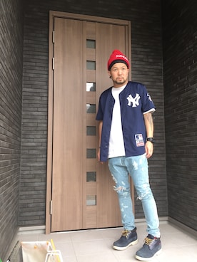 「ライトブルー」｜「アイテム（ニットキャップ/ビーニー）」を使った、コチコチさん（メンズ・172cm）の夏コーディネート