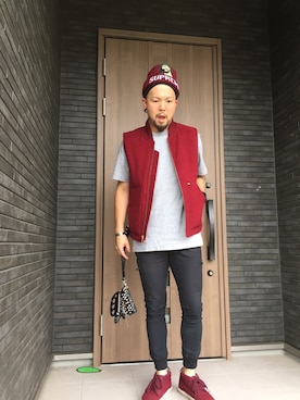 「アイテム（ベスト、レッド系）」を使った、コチコチさん（メンズ・172cm）の秋コーディネート