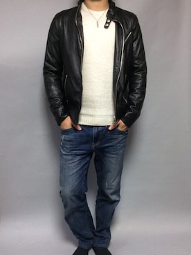 「ワイシャツ」｜「アイテム（ライダースジャケット）」を使った、BLOOMさん（メンズ・173cm）の冬コーディネート