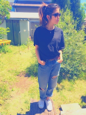 「GU（ジーユー）のアイテム（Tシャツ/カットソー、ブラック系）」を使った、GUstaff👠rika💞さん（レディース・157cm）の春コーディネート