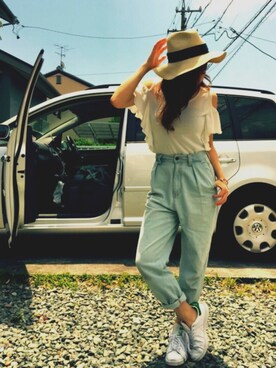 「GU（ジーユー）のアイテム（ハット、ベージュ系）」を使った、GUstaff👠rika💞さん（レディース・157cm）の夏コーディネート