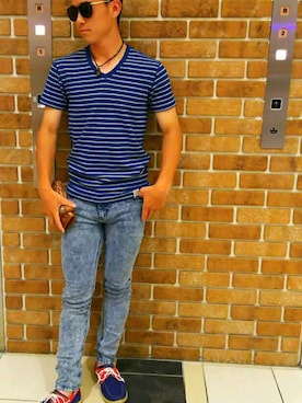 「ボーダーTシャツ」｜「アイテム（モカシン/デッキシューズ）」を使った、タブノトラバースさん（メンズ・166cm）の夏コーディネート