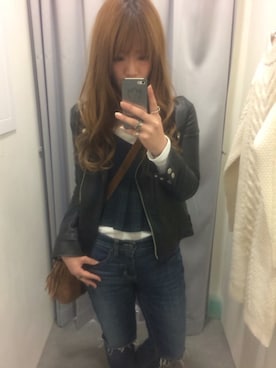 「フリンジバッグ」｜「アイテム（ライダースジャケット）」を使った、あやちぇるさん（レディース・158cm）の秋コーディネート