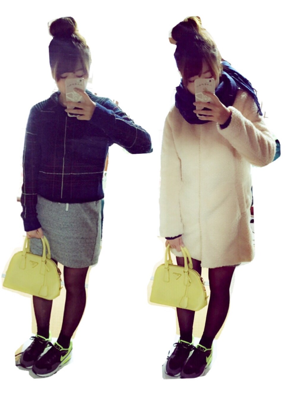 「NIKE、NIKE AIR MAX、もこもこ、寒い、ノーカラーコート、マフラーぐるぐる」｜「MURUAの【CASUAL】ﾁｪｯｸﾙｰｼﾞｰﾆｯﾄtops（ニット/セーター、ブラック系）」を使った、さりーさん（レディース・157cm）の秋コーディネートの1枚目の写真