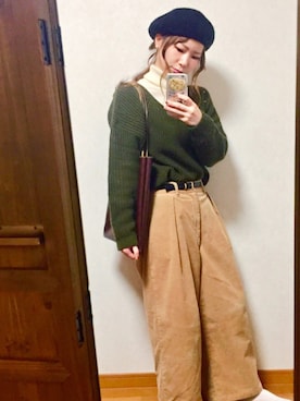 「niko and...（ニコアンド）のオリジナル カラーBベレー【niko and ...】（ハンチング/ベレー帽、ブラック系）」を使った、minamiさん（レディース・156cm）の秋コーディネート