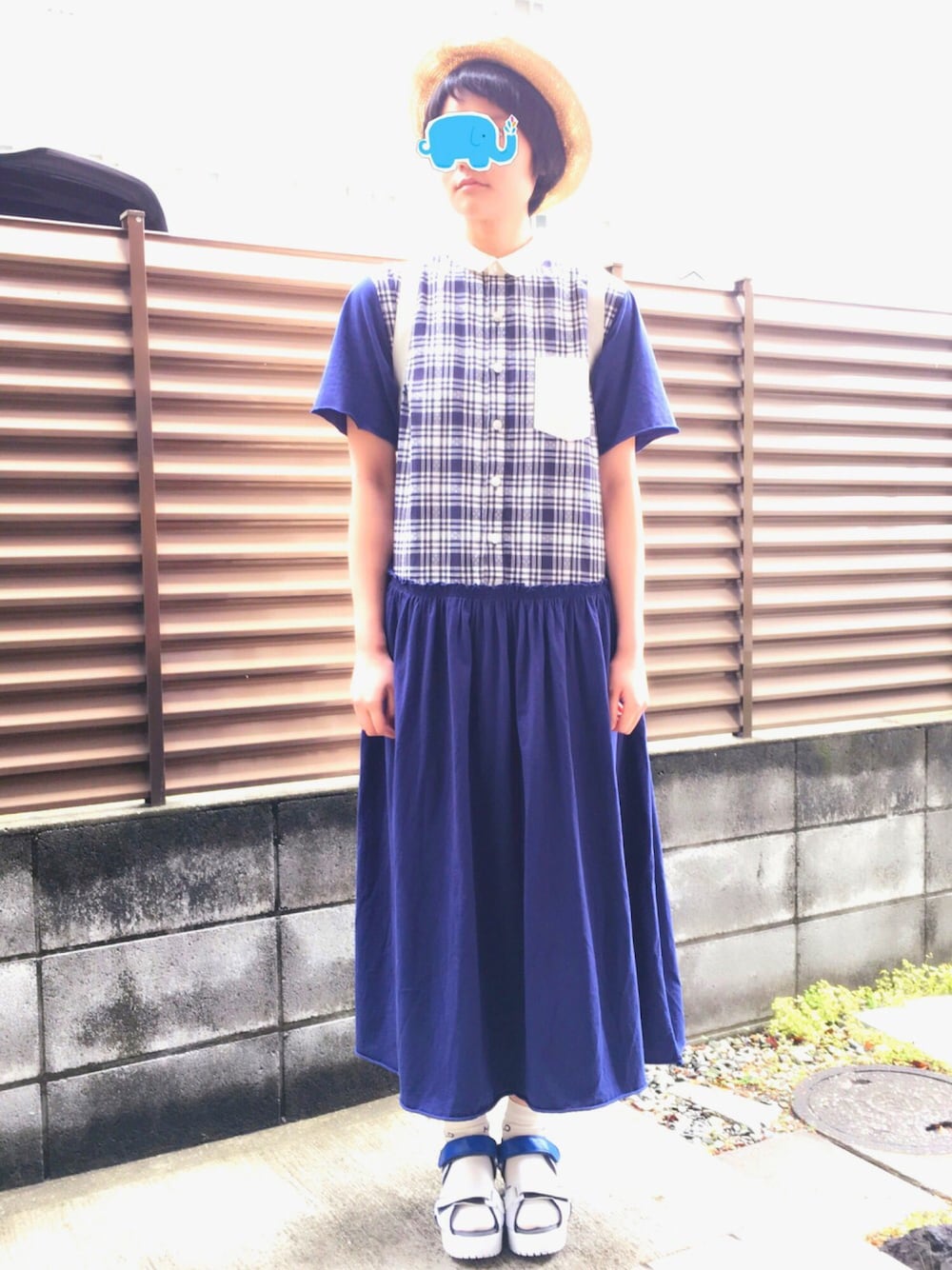 「ne-net、FRAPBOIS、青白、ワンピース、くつした×サンダル、ジブリ、ハイカラ、1周年、WEAR、マッシュ」｜「FRAPBOISのシャビハット（ハット、ベージュ系）」を使った、ゆきのこさん（レディース・161cm）の夏コーディネートの1枚目の写真