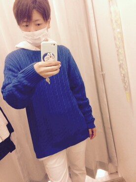 「GU（ジーユー）のアイテム（ニット/セーター、ブルー系）」を使った、ゆうゆさん（メンズ・165cm）の秋コーディネート