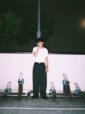 「COMME des GARCONS HOMME（コム デ ギャルソン・オム）のアイテム（スラックス、ブラック系）」を使った、境  啓汰さん（メンズ・175cm）の秋コーディネート