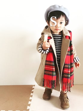「チェックマフラー」｜「アイテム（ハンチング/ベレー帽）」を使った、Shi-さん（キッズ・70cm）の秋コーディネート