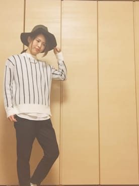 「ストライプニット」｜「アイテム（その他シューズ）」を使った、こんこん☺︎さん（レディース・155cm）の秋コーディネート