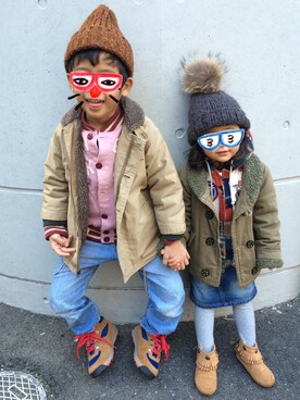 「C.A.B.CLOTHING（キャブクロージング）のアイテム」を使った、チビ太さん（キッズ・100cm）の冬コーディネート