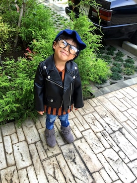 「ストライプ」｜「アイテム（ライダースジャケット）」を使った、shigureさん（キッズ・90cm）の秋コーディネート