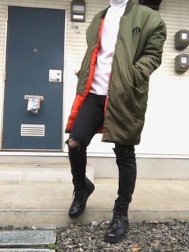 「unrelaxing（アンリラクシング）のスーパーオーバーサイズビッグMA-1（MA-1、グリーン系）」を使った、2424さん（メンズ・176cm）の秋コーディネート