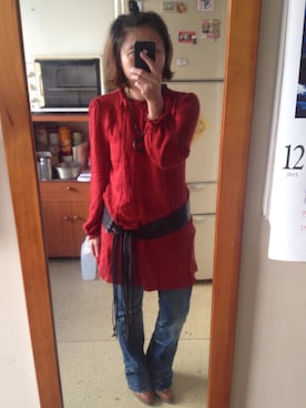 「アイテム（チュニック、レッド系）」を使った、培333さん（レディース・153cm）の冬コーディネート