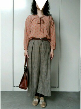 「柄×柄」｜「アイテム（ブーティ）」を使った、亀子さん（レディース・162cm）の秋コーディネート