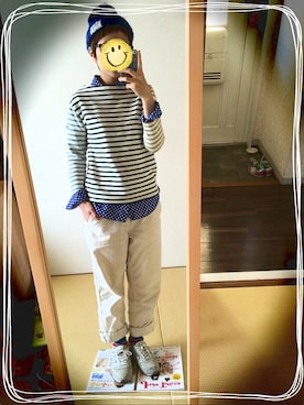 「BLUE BLUE（ブルーブルー）のアイテム（ニットキャップ/ビーニー）」を使った、みりんさん（レディース・154cm）の春コーディネート