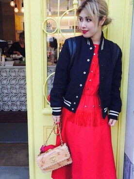 「SAINT LAURENT PARIS（サンローランパリ）のアイテム（スタジャン）」を使った、junnaさん（レディース・161cm）の秋コーディネート