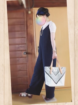 「ピンク×ネイビー」｜「アイテム（オールインワン・サロペット）」を使った、ごまさん（レディース・159cm）の夏コーディネート