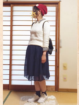 「赤ニット帽」｜ごまさん（レディース・160cm）の秋コーディネート