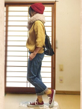 「マスタードイエロー」｜「アイテム（レッド系）」を使った、ごまさん（レディース・160cm）の秋コーディネート