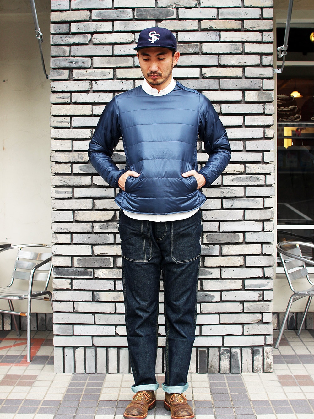 「ダウン、ネイビー、福岡、DOWN、sassafras、fukuoka、branch、DESCENTE」｜「DESCENTEのH.C.S CARDI DOWN L/S（ダウンジャケット/コート、ブルー系）」を使った、シーノートさん（メンズ・187cm）の秋コーディネートの1枚目の写真