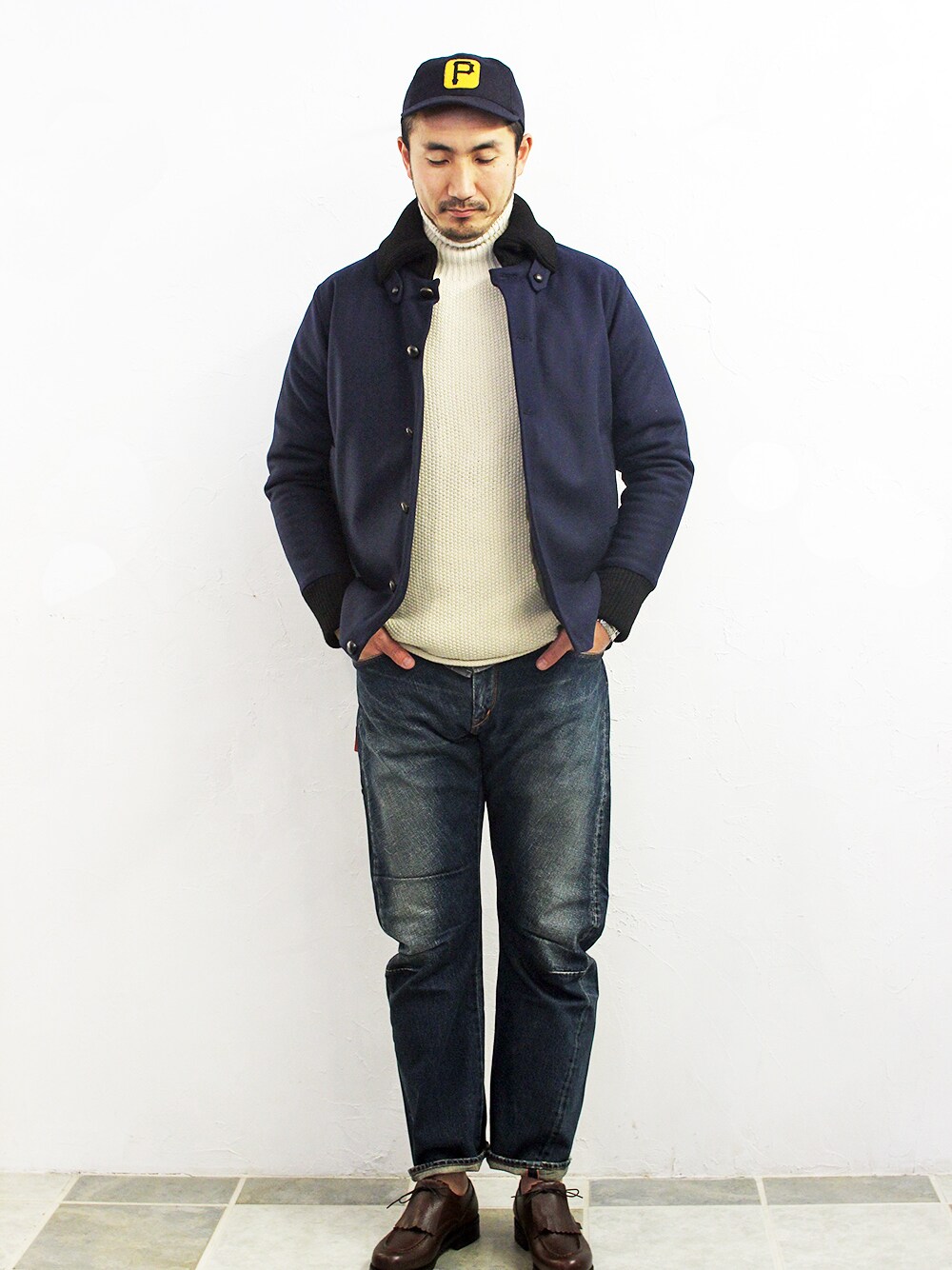 「CAP、navy、ネイビー、福岡、ドンキーコート、紺色、fukuoka、yarmo、cooperstown、branch」｜「YarmoのDONKEY COAT（ブルゾン、ブルー系）」を使った、シーノートさん（メンズ・187cm）の秋コーディネートの1枚目の写真