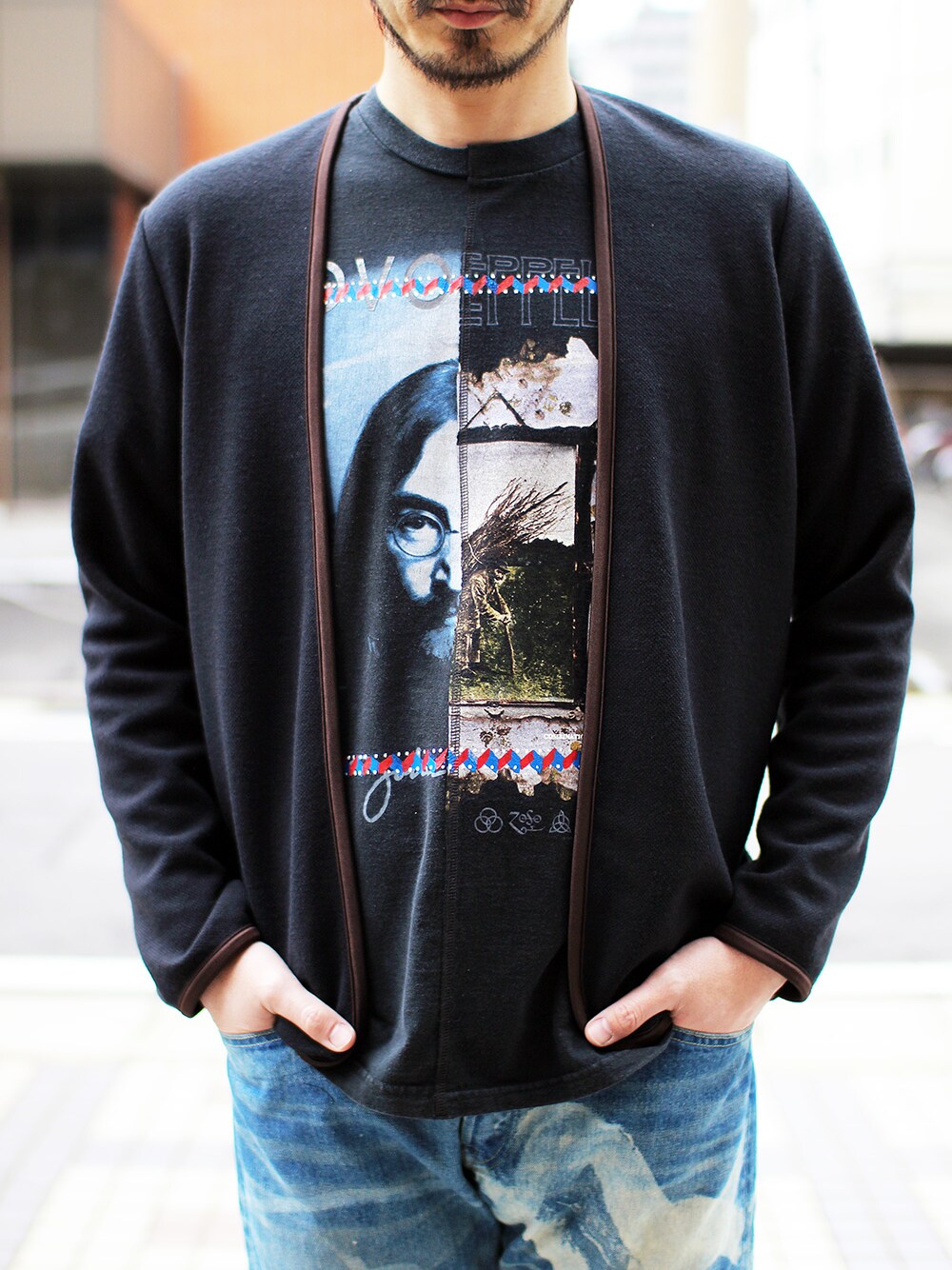 「古着、福岡、バンドT、ジョンレノン、fukuoka、LED ZEPPELIN、branch、今泉、HURRAY HURRAY、JohnLennon」｜「HURRAY HURRAYのコンビネーションT（Tシャツ/カットソー、ブラック系）」を使った、シーノートさん（メンズ・187cm）の春コーディネートの1枚目の写真