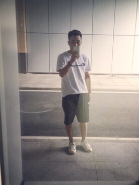 「Champion（チャンピオン）のWEGO/Champion ロゴTシャツ（Tシャツ/カットソー、ホワイト系）」を使った、Vanlissさん（メンズ・163cm）の春コーディネート