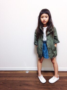 「H&M（エイチ・アンド・エム）のアイテム（ミリタリージャケット）」を使った、hiicocoさん（キッズ・110cm）の夏コーディネート