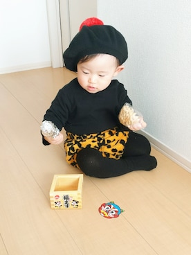 「節分」｜「アイテム（ニットキャップ/ビーニー）」を使った、mi-miさん（キッズ・80cm）の冬コーディネート