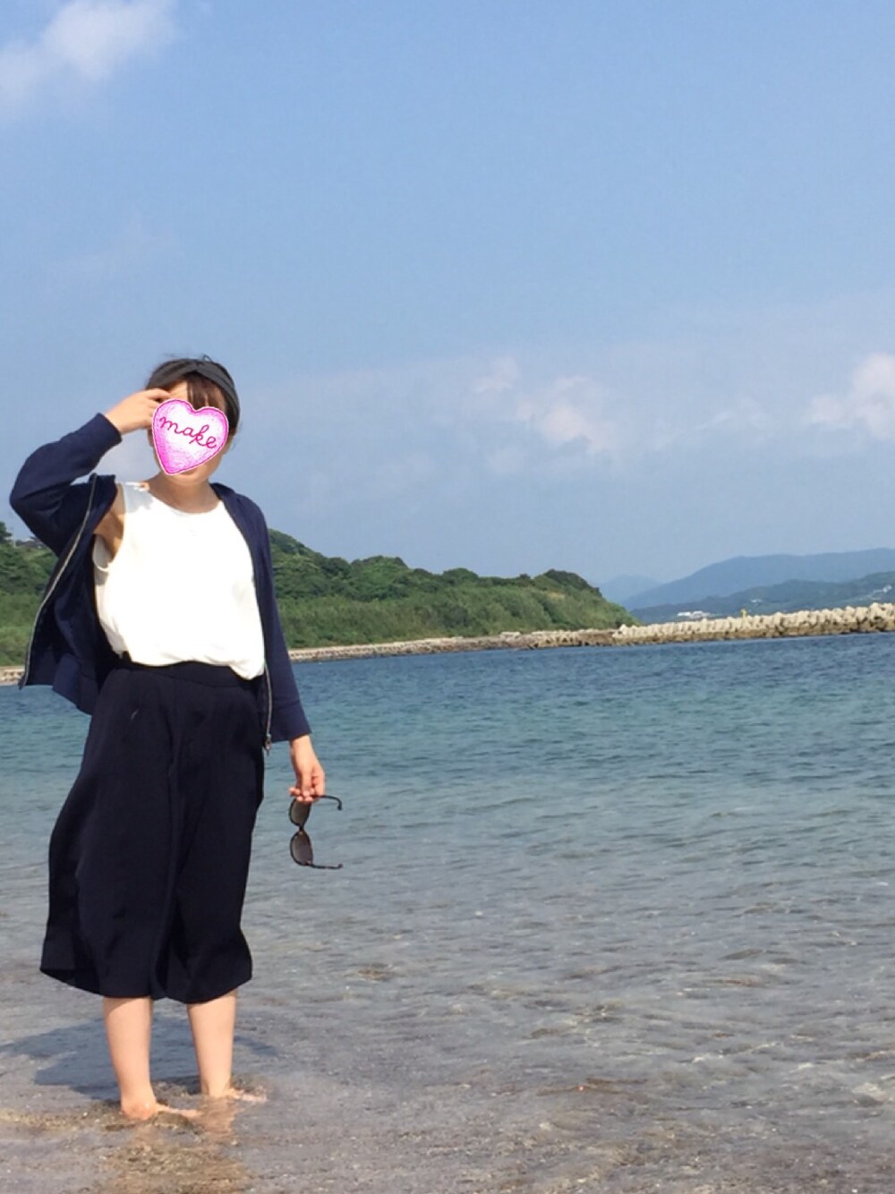 「海、タンクトップ」｜「GUの（GU）イージードレープポンチガウチョパンツ（パンツ、ブルー系）」を使った、yukariさん（レディース・145cm）の夏コーディネートの1枚目の写真